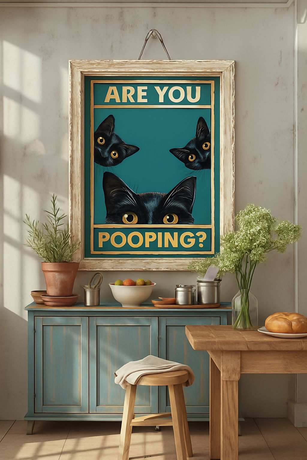 „Machst du Kacke?“ – Lustiges Katzen-Badezimmer-Poster (A4, glänzende Oberfläche)