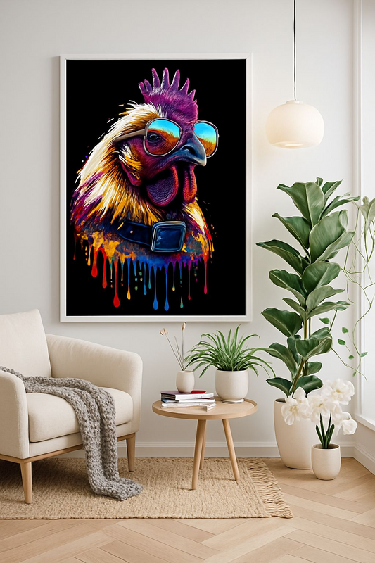Colorful Chicken Poster with Sunglasses – A4 Glossy Pop Art Print