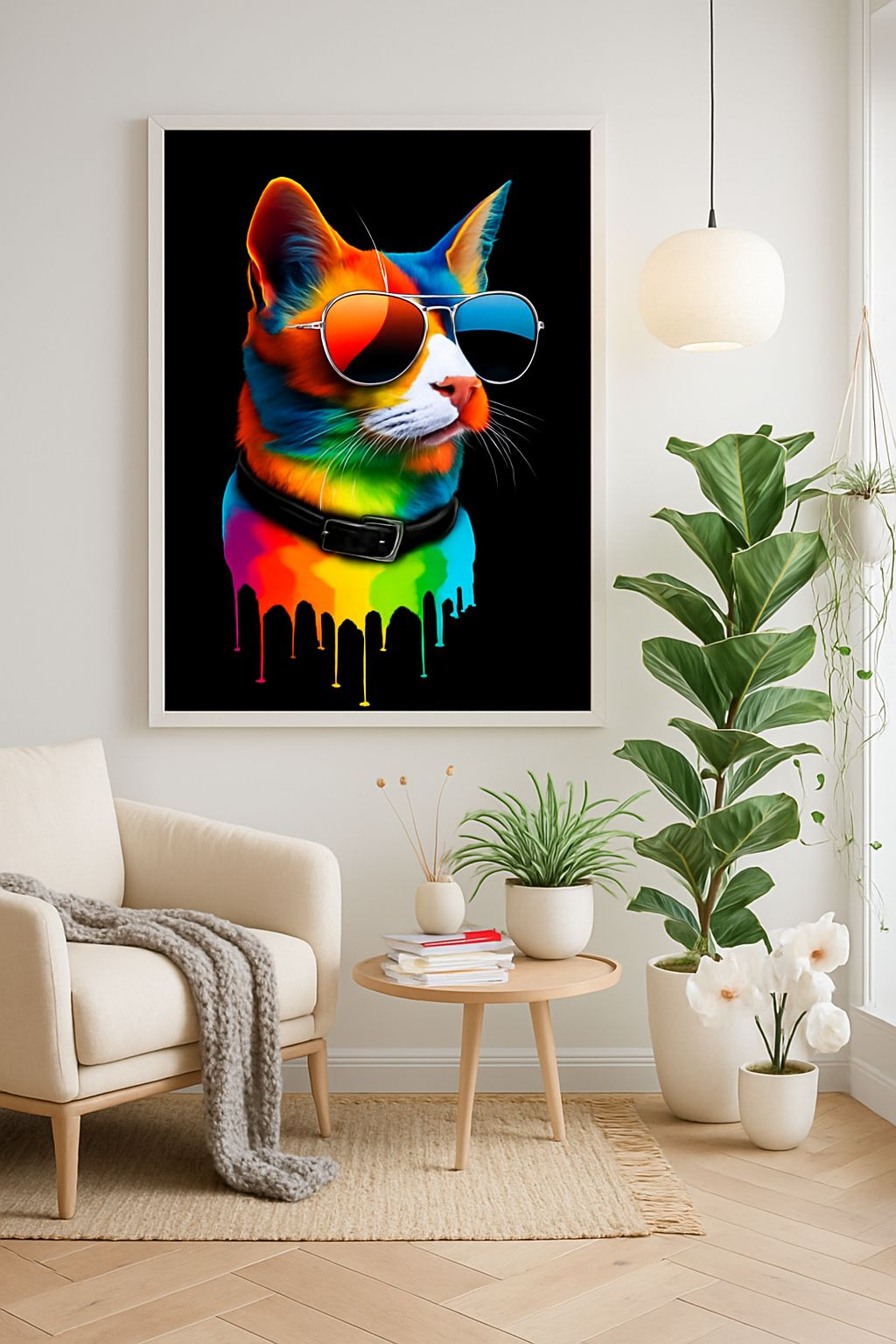 Levendige regenboogkattenposter met pilotenzonnebril - A4 glanzende kunstdruk