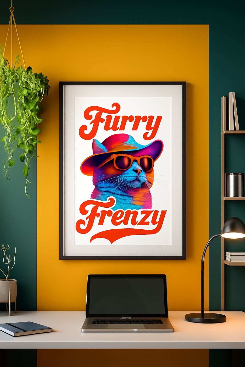 Furry Frenzy – Neon Cool Cat Poster (A4, glanzende afwerking)