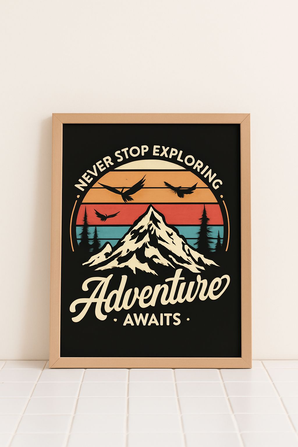 Adventure Awaits – Retro Mountain Sunset Poster (A4, Glossy Photo Paper)