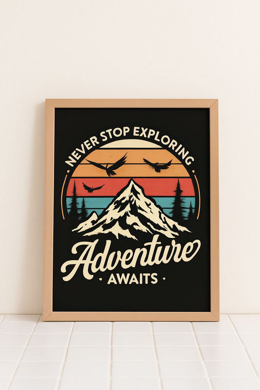 Adventure Awaits – Retro Mountain Sunset Poster (A4, Glossy Photo Paper)