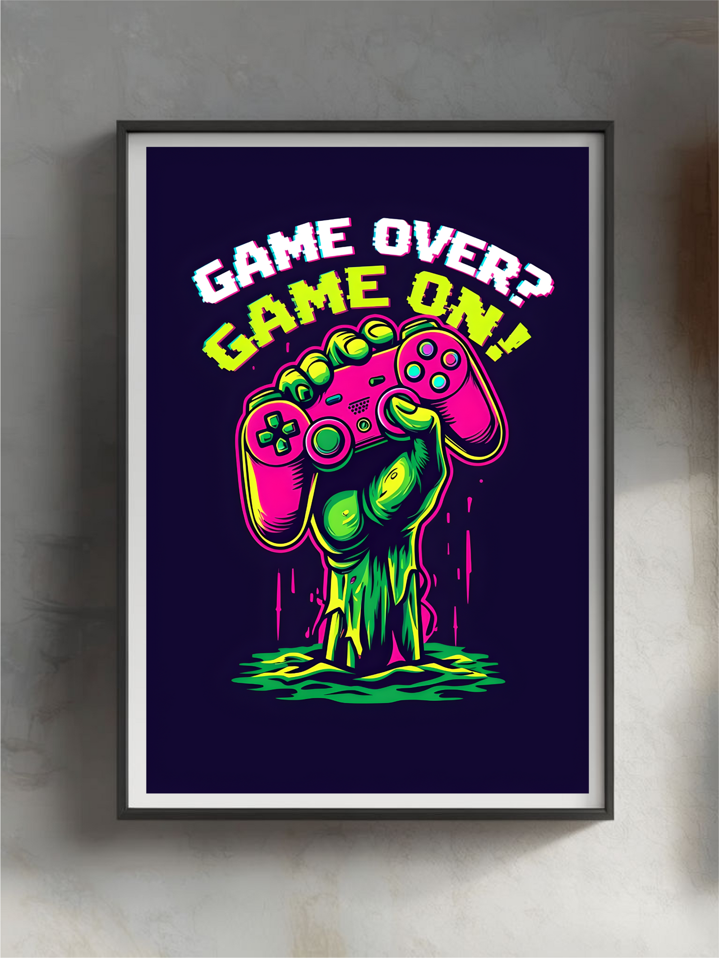 Neon Zombie Hand met Controller Kunstprint - Glanzende A4 Gamer Poster - "Game Over? Game On!" Ontwerp