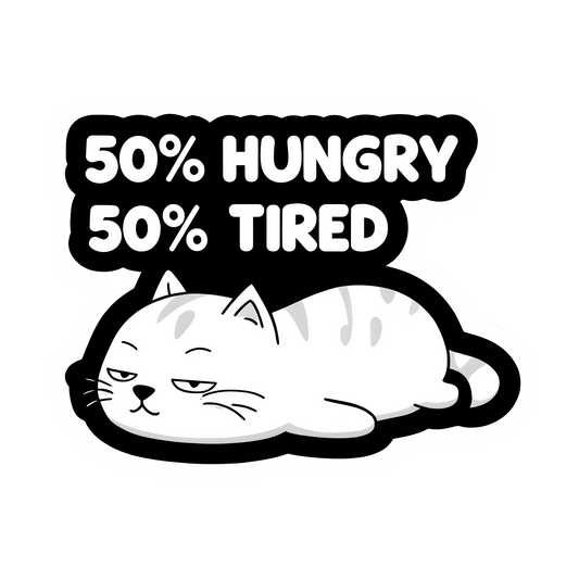 Grappige kattensticker 50% hongerig, 50% moe