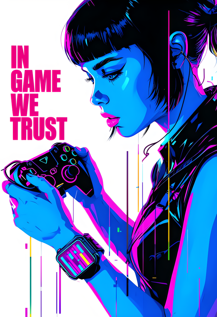 "In Game We Trust" Cyberpunk Gamer Girl-poster | A4 Neon Gaming-muurkunst |