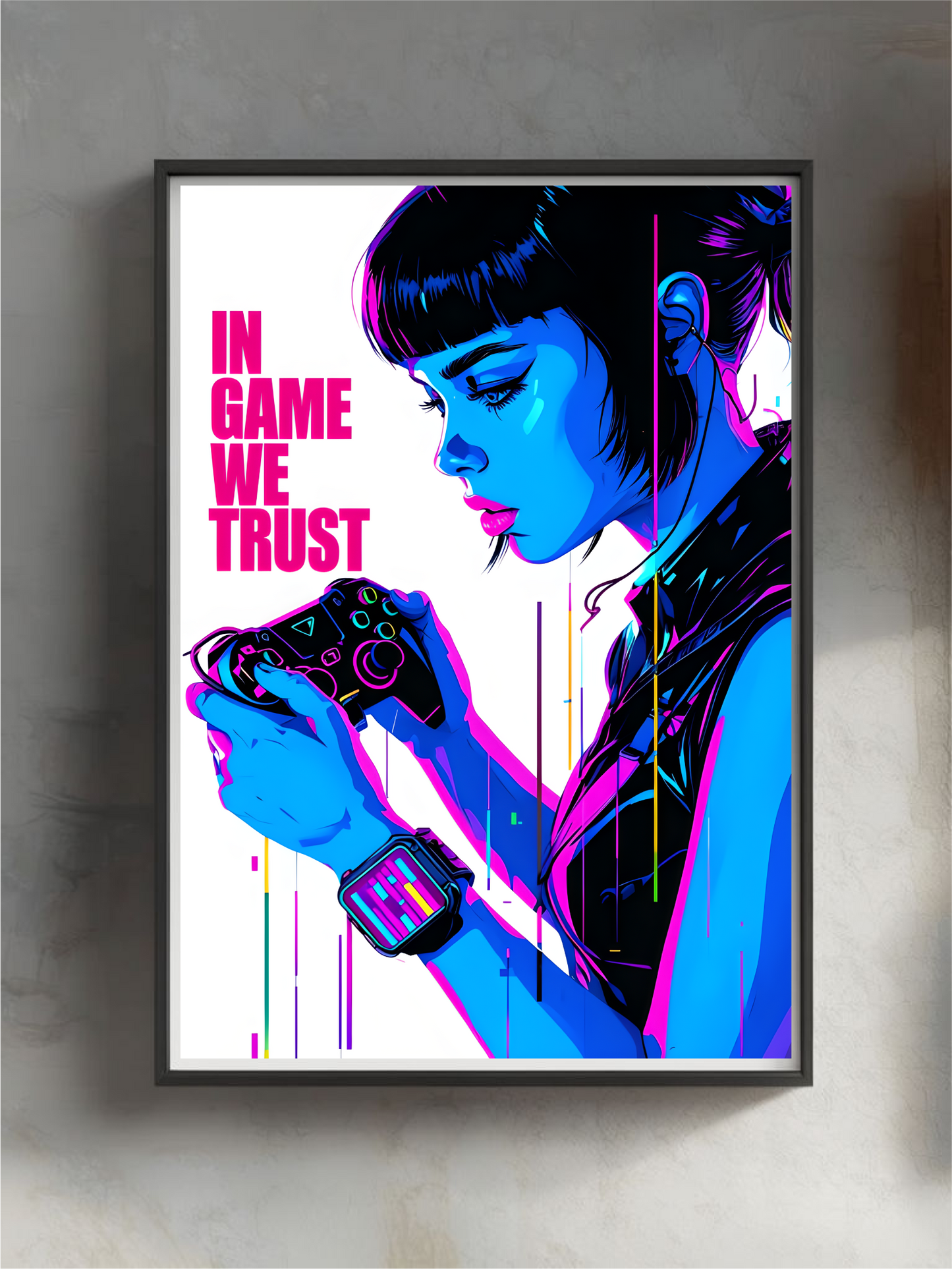 "In Game We Trust" Cyberpunk Gamer Girl-poster | A4 Neon Gaming-muurkunst |