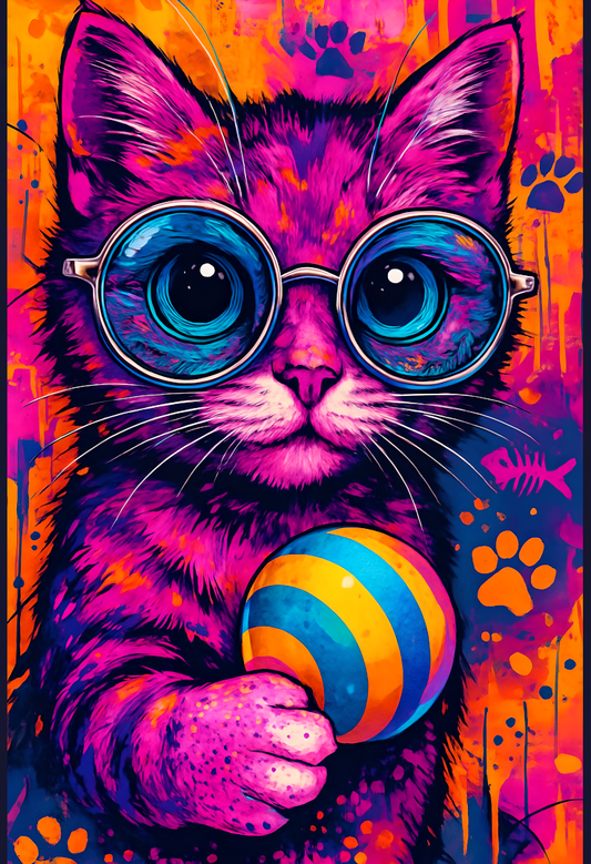 Cool Cat with Glasses Art Print - Colorful Graffiti Style Kitten - Glossy A4 Poster for Eclectic Home Decor