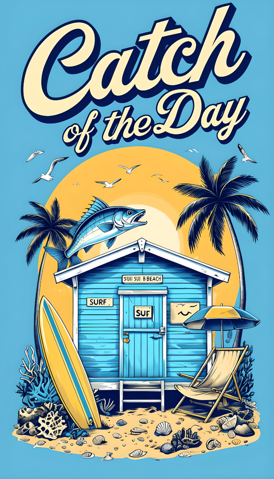 Catch of the Day – Retro Beach Hut Poster (A4, Glossy Finish)