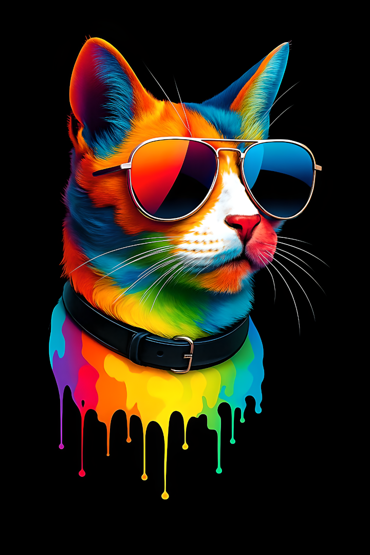 Levendige regenboogkattenposter met pilotenzonnebril - A4 glanzende kunstdruk