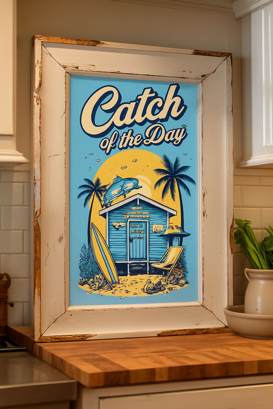 Catch of the Day – Retro Beach Hut Poster (A4, Glossy Finish)