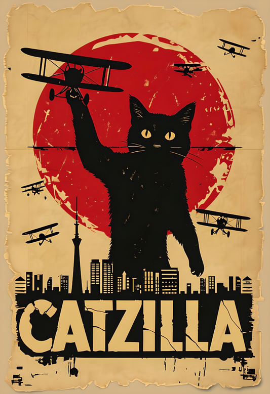 Catzilla – Vintage Monster Cat Poster (A4, Glossy Finish)