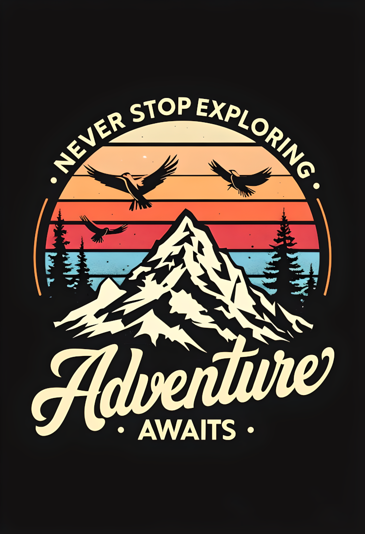 Adventure Awaits – Retro Mountain Sunset Poster (A4, Glossy Photo Paper)
