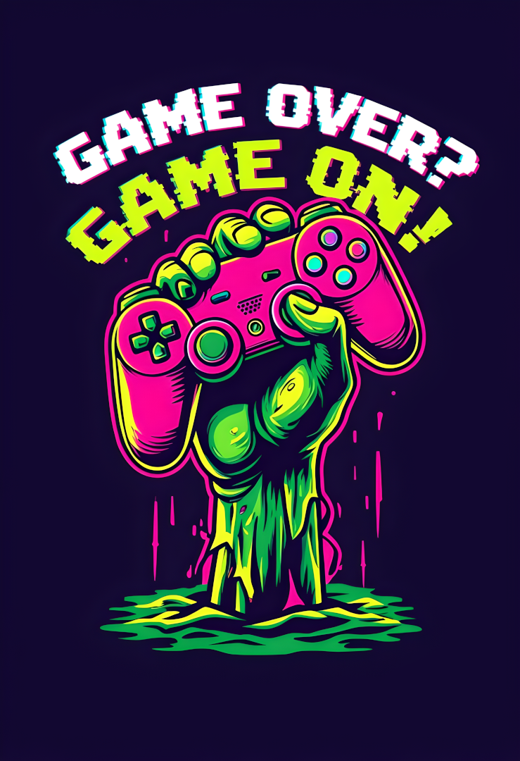 Neon Zombie Hand met Controller Kunstprint - Glanzende A4 Gamer Poster - "Game Over? Game On!" Ontwerp