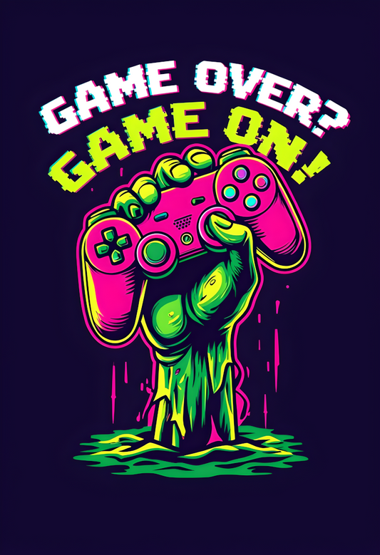 Neon Zombie Hand with Controller Art Print - Glossy A4 Gamer Poster - "Game Over? Game On!" Design