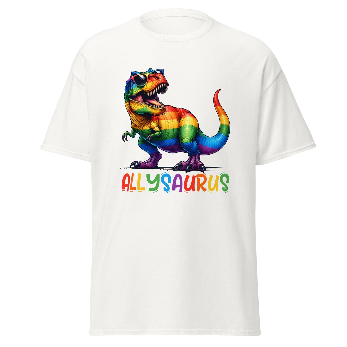 Allysaurus Pride T-Shirt – Rainbow Dinosaur LGBTQ+ Ally Graphic Tee